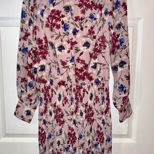 Long-Sleeve mauve, burgundy, blue Floral Smocked-Waist Dress